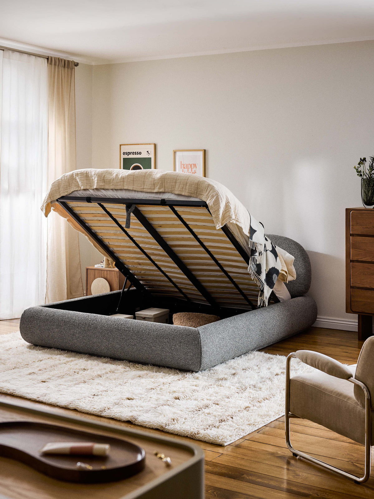 Albruck Upholstered Bed in Bouclé with Storage