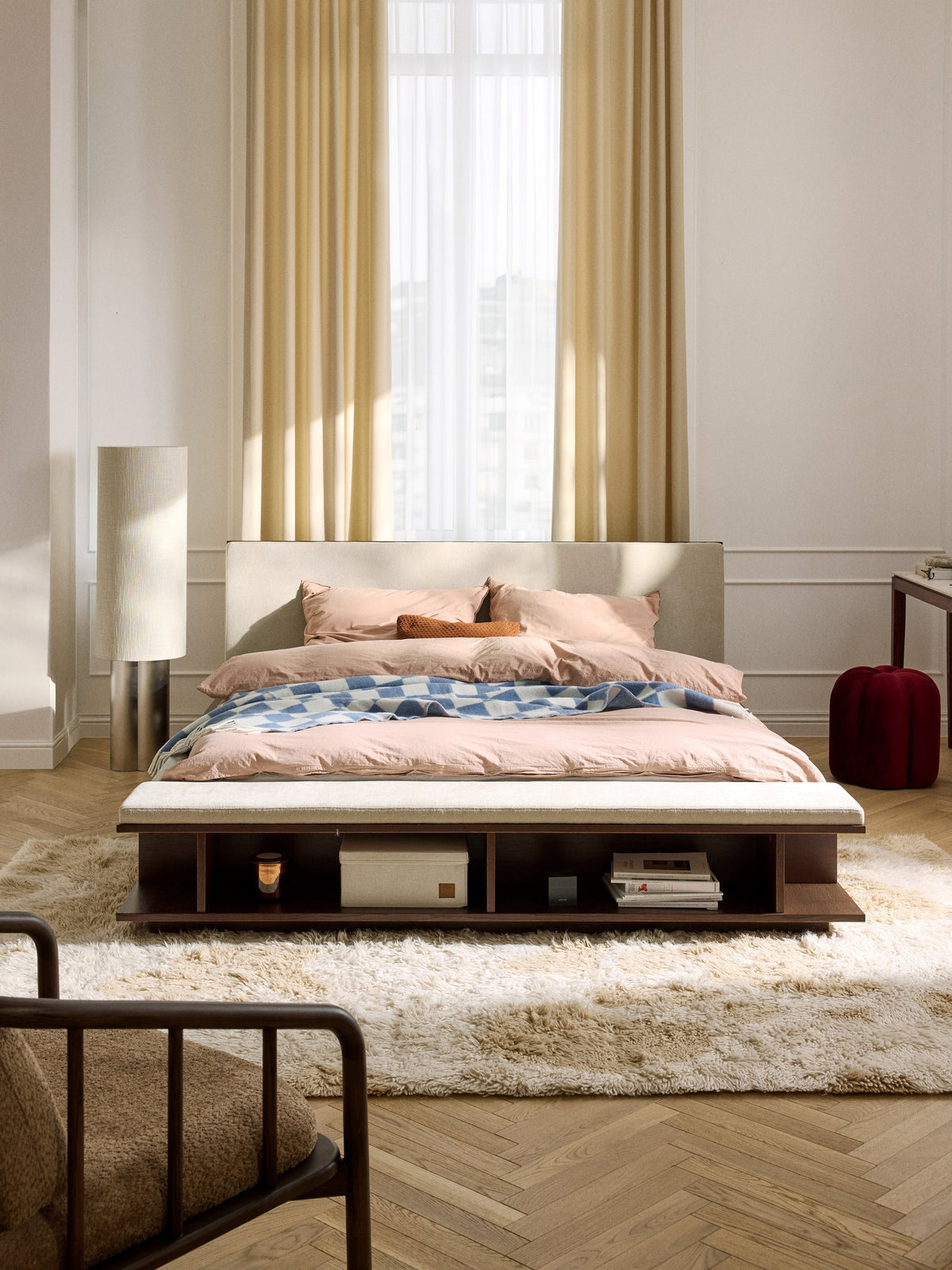 Clarstedt Wooden Bed Frame with Bench and Side Shelves