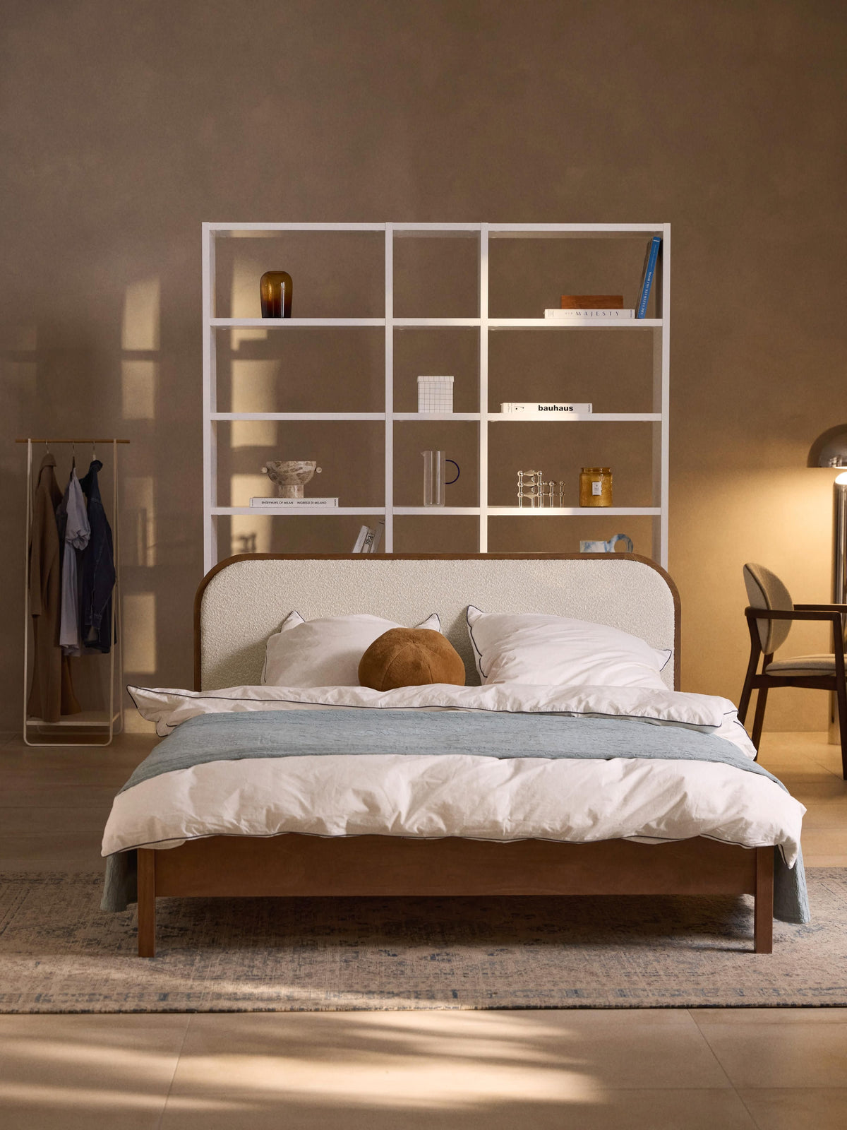 Jonshelm Wooden Bed with Bouclé Headboard