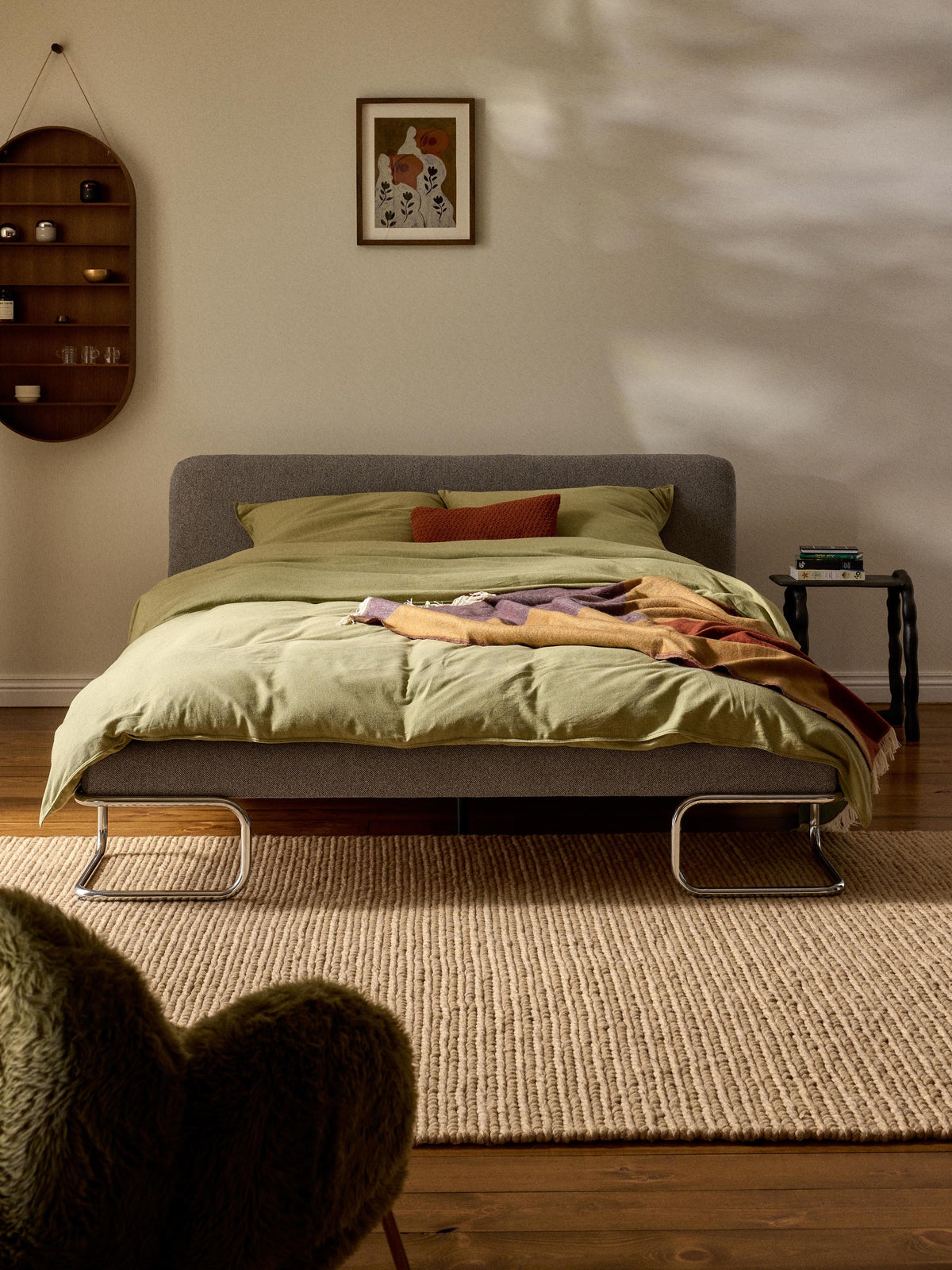 Olinwald Bouclé Upholstered Bed with Metal Legs
