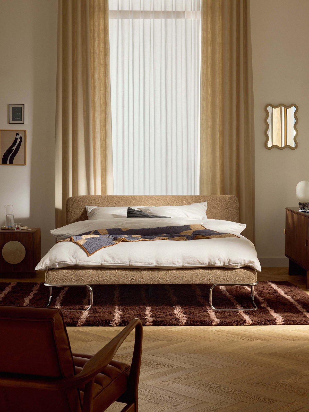 Olinwald Bouclé Upholstered Bed with Metal Legs