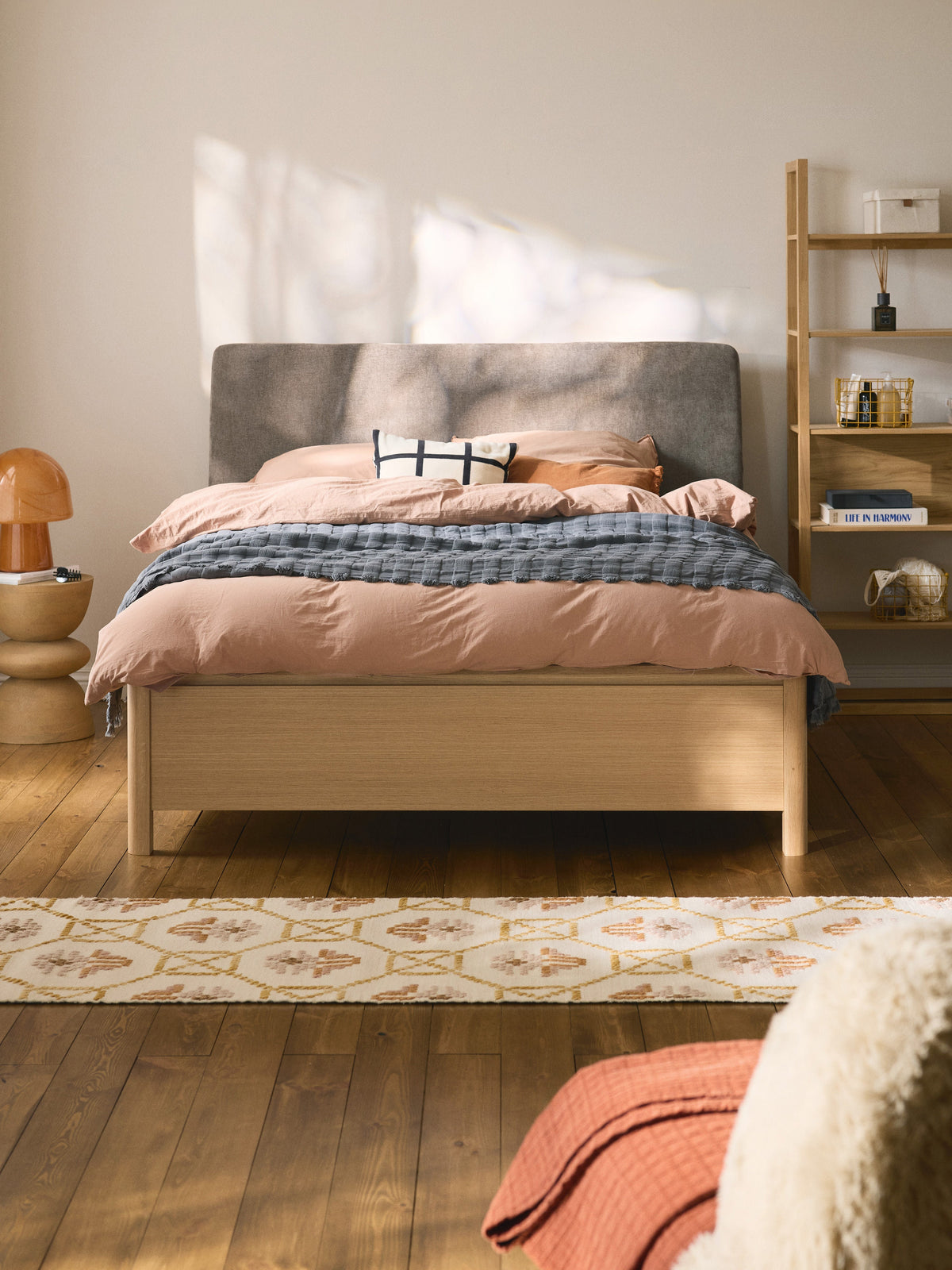 Santvelden Wooden Bed with Upholstered Headboard and Drawers