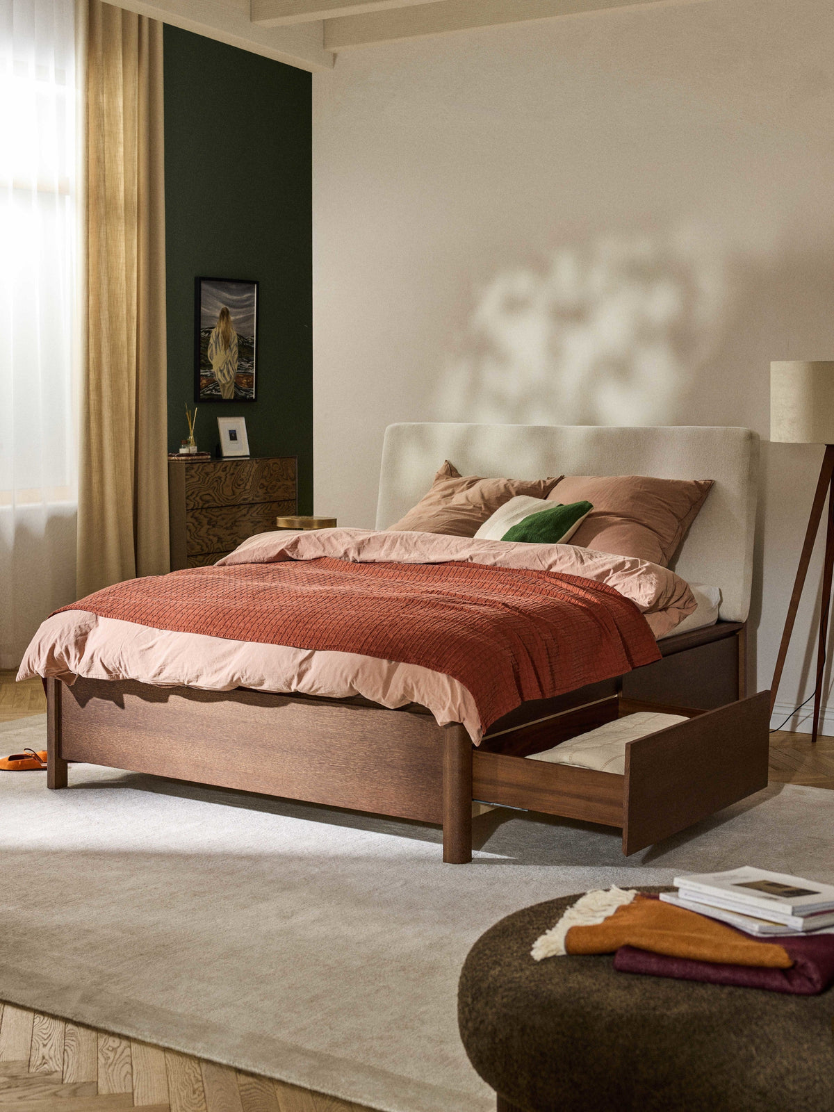 Santvelden Wooden Bed with Upholstered Headboard and Drawers
