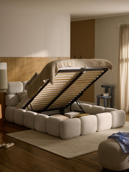 Taybergh Upholstered Bed in Teddy Bouclé with Storage