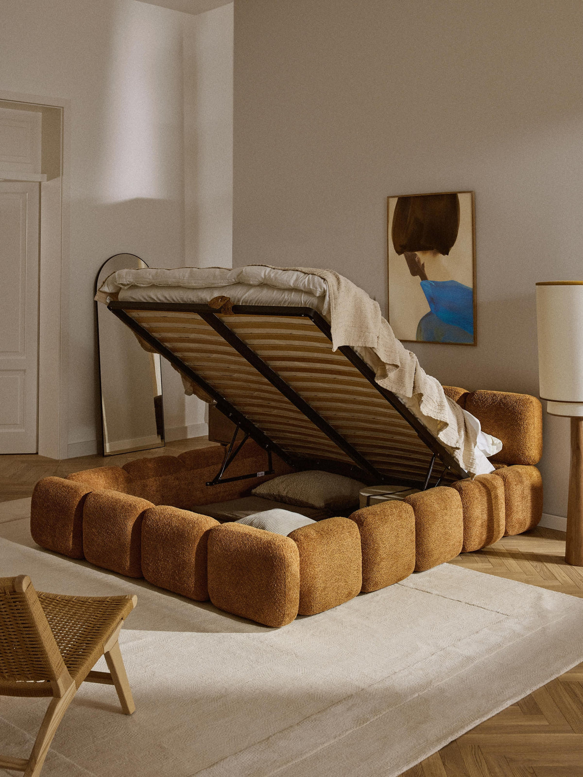 Taybergh Upholstered Bed in Teddy Bouclé with Storage