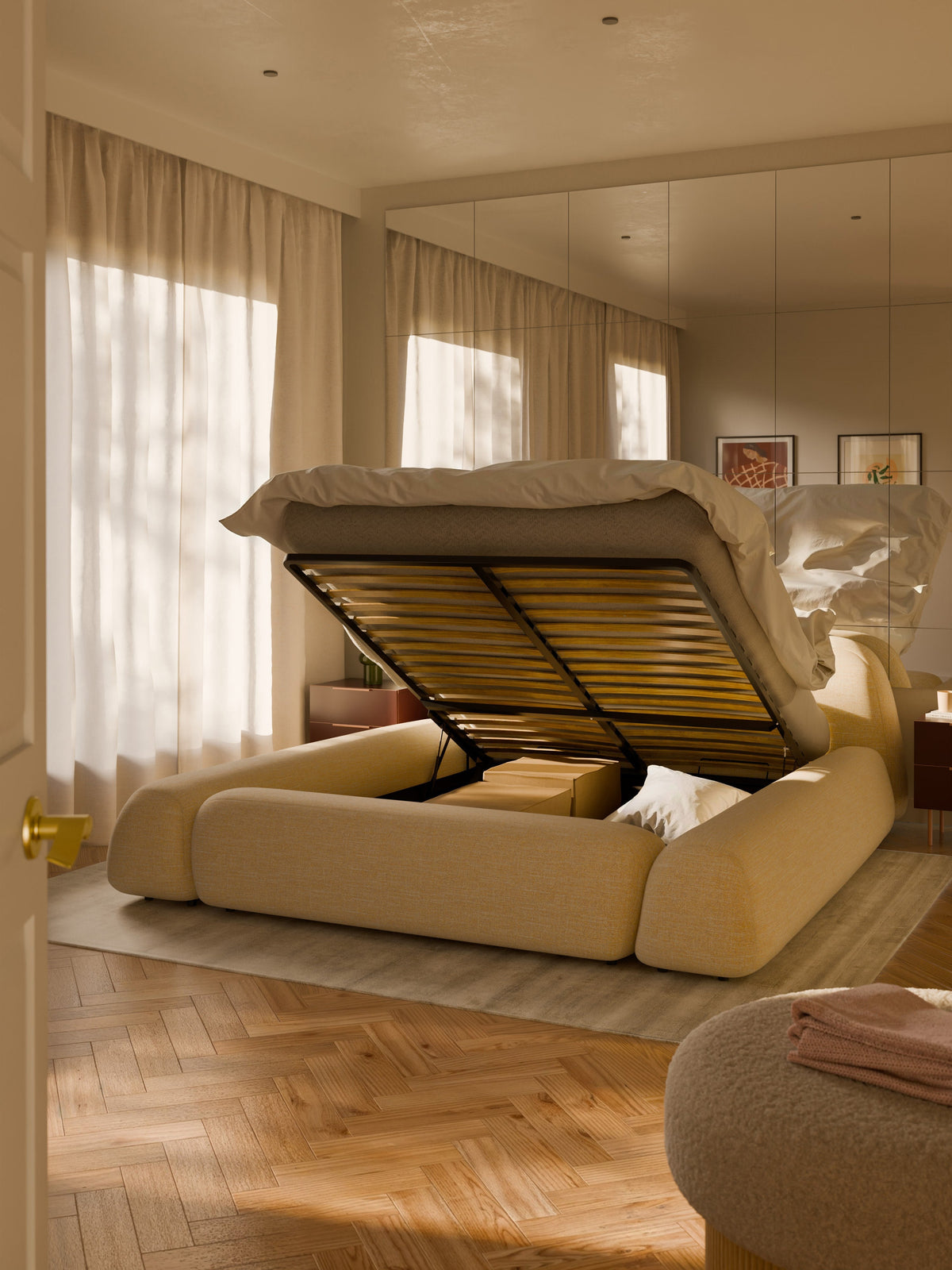 Wolkrath Upholstered Bed in Bouclé with Storage